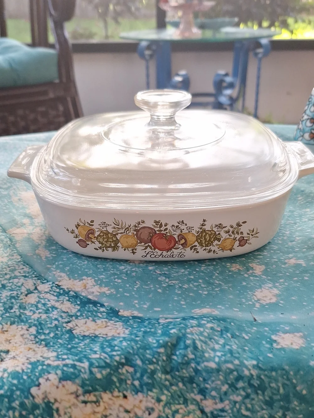 Corningware White Casserole with Harvest Vegetable Motif and Clear Lid